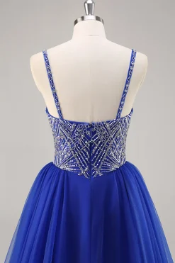 Royal Blue A Line Long Prom Dress com Missangas