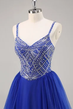 Royal Blue A Line Long Prom Dress com Missangas