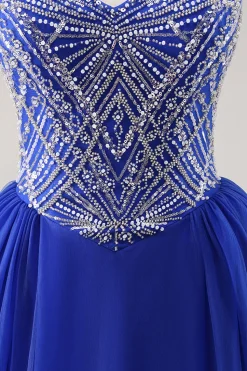 Royal Blue A Line Long Prom Dress com Missangas