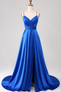 Royal Blue A Line Spaghetti Correias Cetim Prom Dress com Fenda