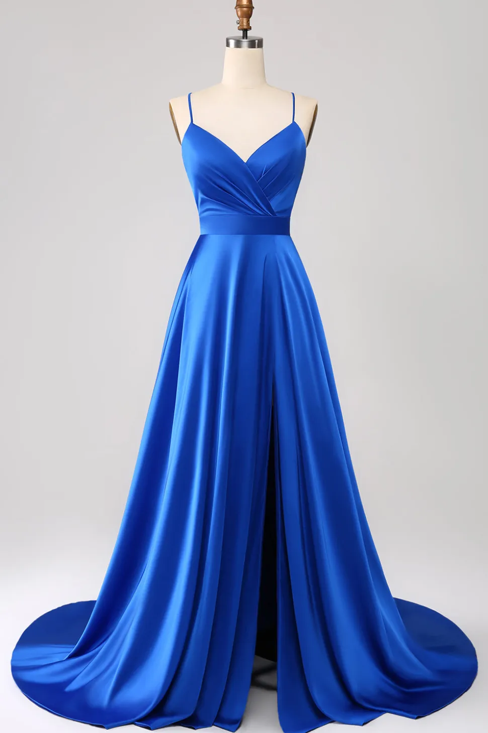 Royal Blue A Line Spaghetti Correias Cetim Prom Dress com Fenda