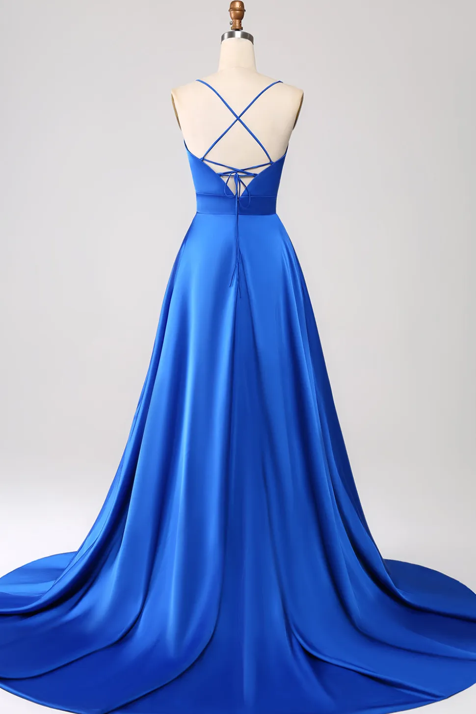 Royal Blue A Line Spaghetti Correias Cetim Prom Dress com Fenda
