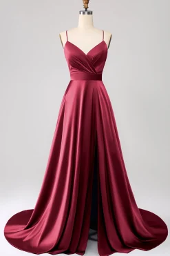 Royal Blue A Line Spaghetti Correias Cetim Prom Dress com Fenda