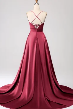 Royal Blue A Line Spaghetti Correias Cetim Prom Dress com Fenda