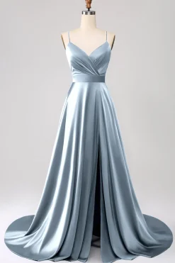 Royal Blue A Line Spaghetti Correias Cetim Prom Dress com Fenda
