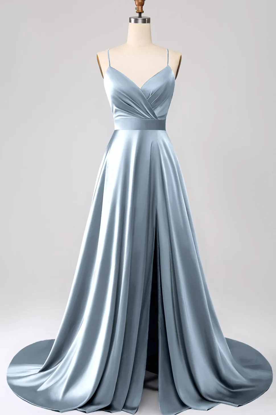 Royal Blue A Line Spaghetti Correias Cetim Prom Dress com Fenda