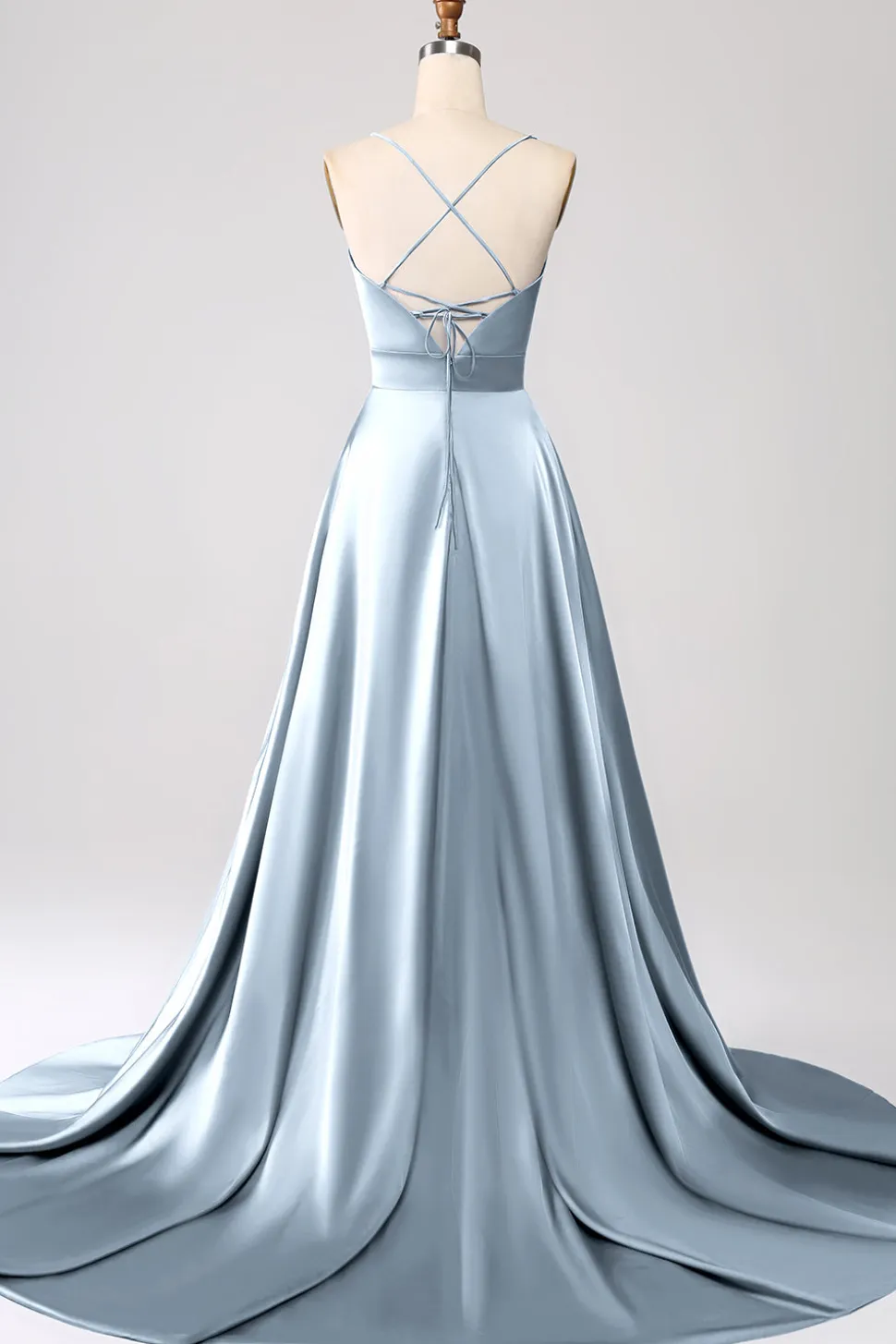 Royal Blue A Line Spaghetti Correias Cetim Prom Dress com Fenda