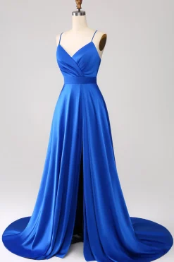 Royal Blue A Line Spaghetti Correias Cetim Prom Dress com Fenda