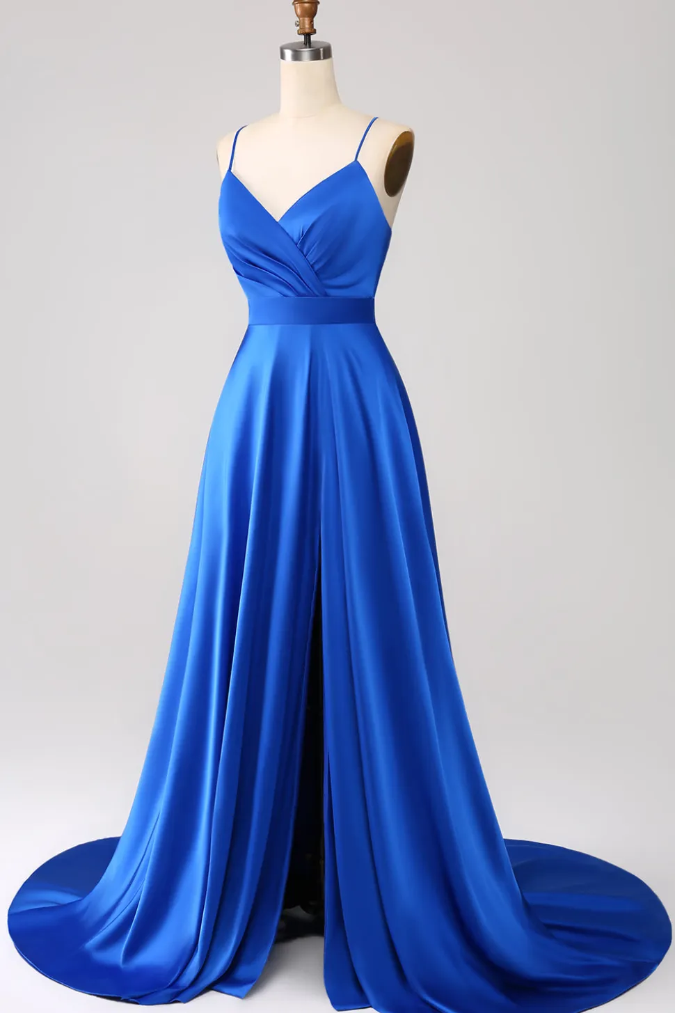 Royal Blue A Line Spaghetti Correias Cetim Prom Dress com Fenda