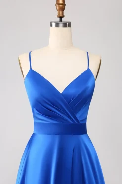 Royal Blue A Line Spaghetti Correias Cetim Prom Dress com Fenda