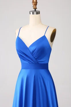 Royal Blue A Line Spaghetti Correias Cetim Prom Dress com Fenda