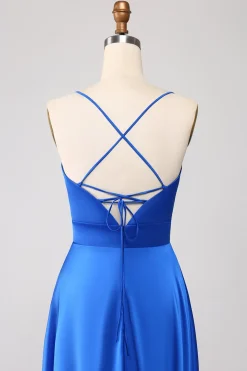 Royal Blue A Line Spaghetti Correias Cetim Prom Dress com Fenda