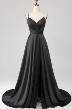 Royal Blue A Line Spaghetti Correias Cetim Prom Dress com Fenda