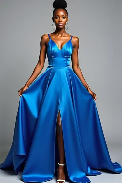 Royal Blue A Line Spaghetti Correias Cetim Vestido Formal com Fenda
