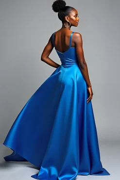 Royal Blue A Line Spaghetti Correias Cetim Vestido Formal com Fenda