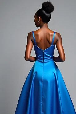 Royal Blue A Line Spaghetti Correias Cetim Vestido Formal com Fenda
