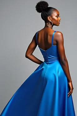 Royal Blue A Line Spaghetti Correias Cetim Vestido Formal com Fenda