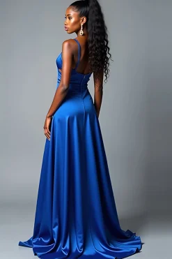 Royal Blue A Line Spaghetti Correias Long Satin Prom Dress
