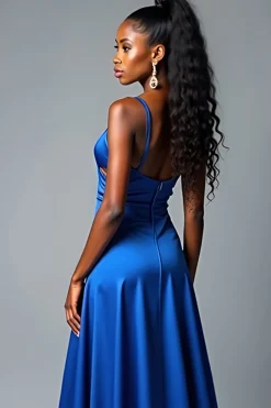 Royal Blue A Line Spaghetti Correias Long Satin Prom Dress