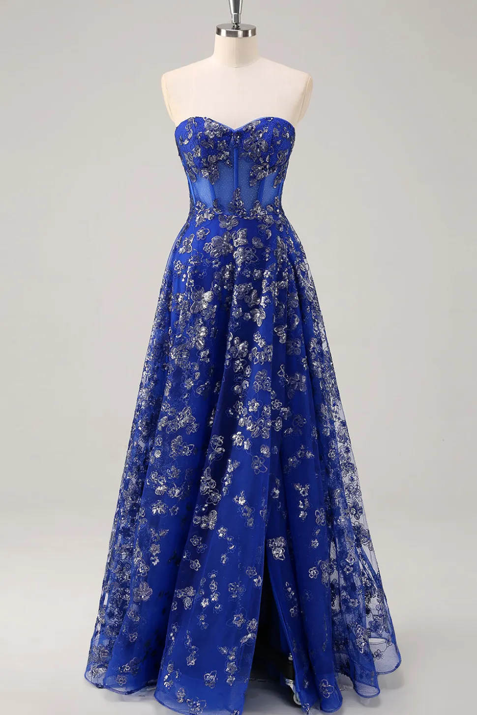 Royal Blue A Line Strapless Appliques Corset Long Prom Dress com Fenda