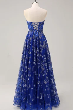 Royal Blue A Line Strapless Appliques Corset Long Prom Dress com Fenda