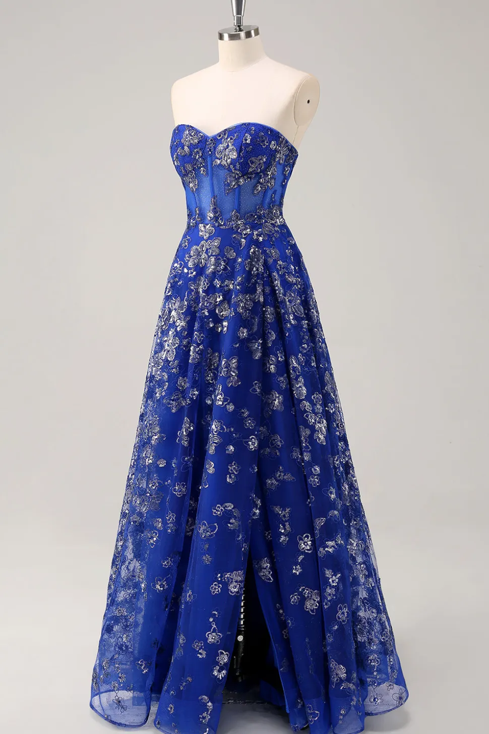 Royal Blue A Line Strapless Appliques Corset Long Prom Dress com Fenda