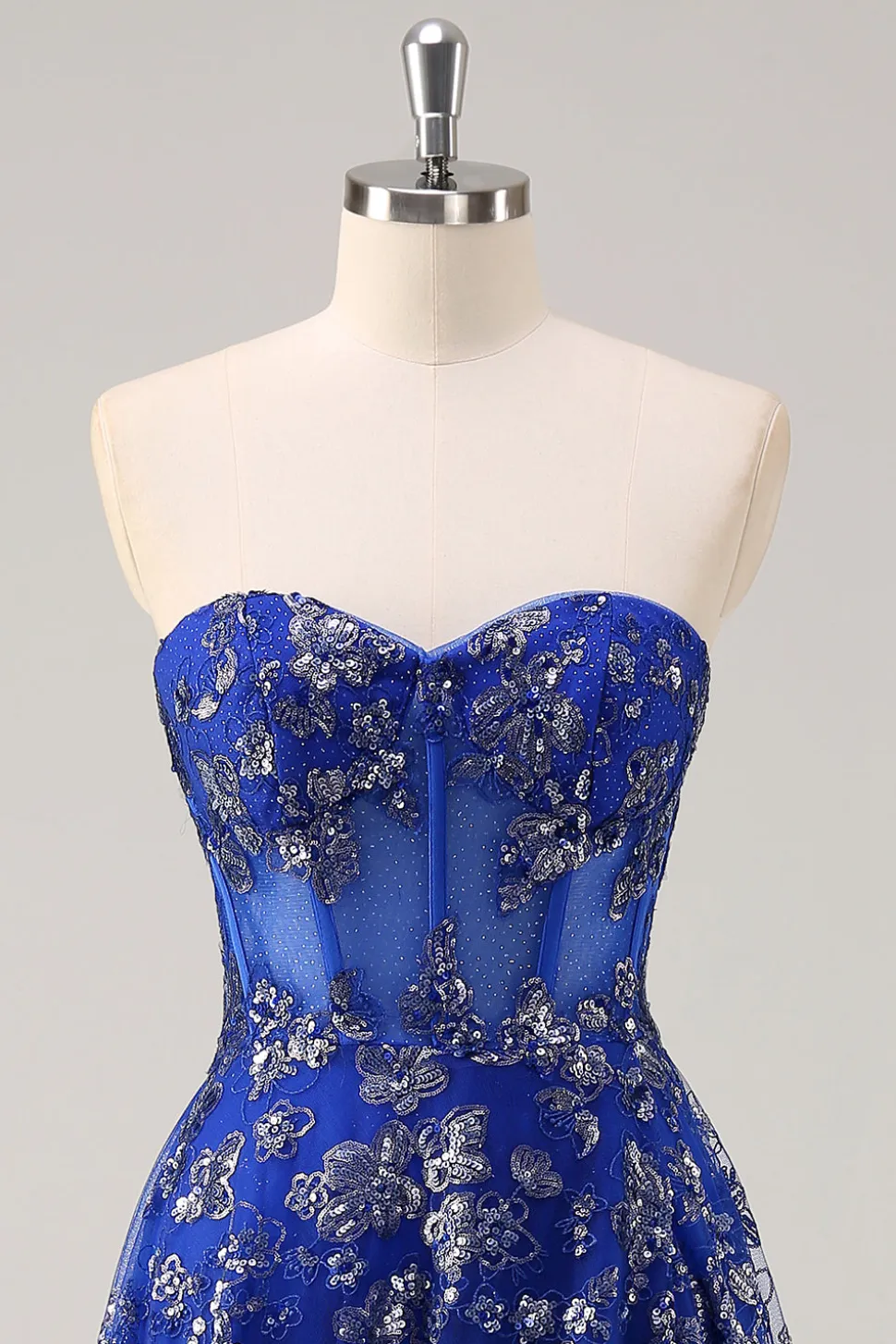 Royal Blue A Line Strapless Appliques Corset Long Prom Dress com Fenda