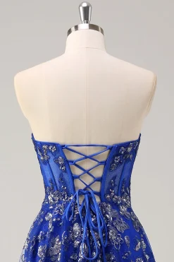 Royal Blue A Line Strapless Appliques Corset Long Prom Dress com Fenda
