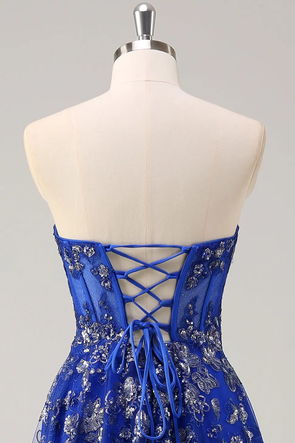 Royal Blue A Line Strapless Appliques Corset Long Prom Dress com Fenda