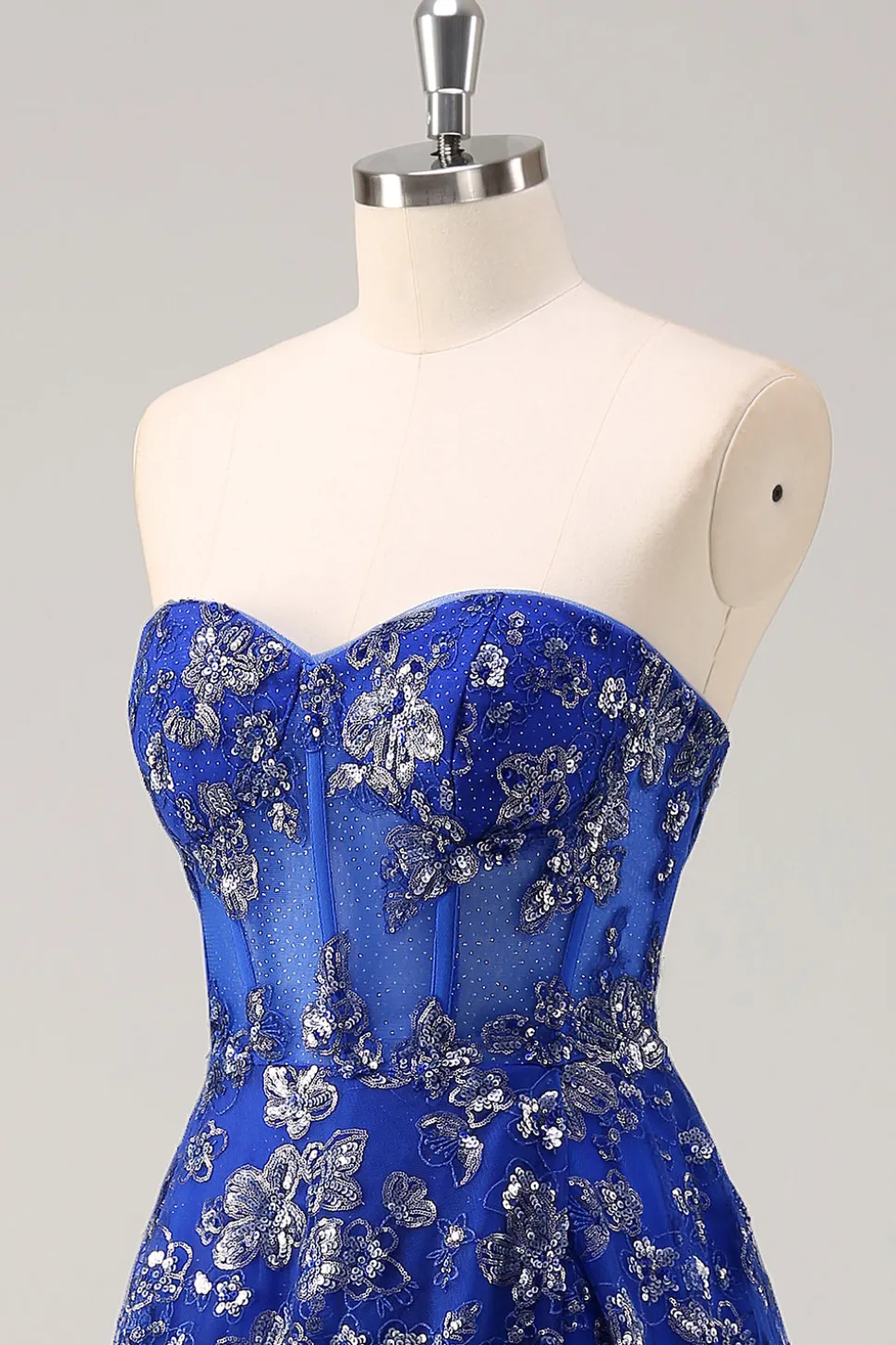 Royal Blue A Line Strapless Appliques Corset Long Prom Dress com Fenda