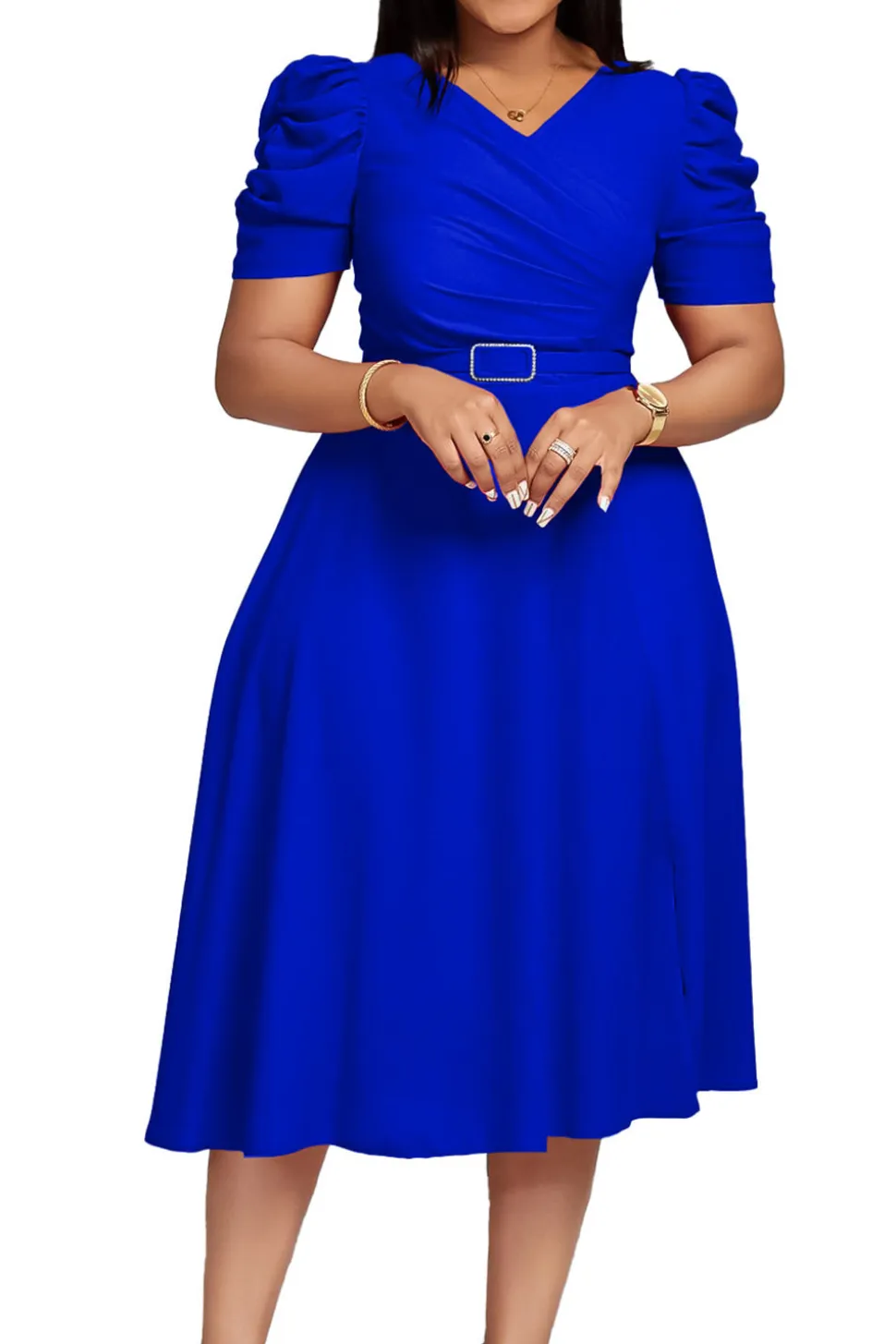 Royal Blue A Line V Neck mangas curtas vestido de cocktail com cinto