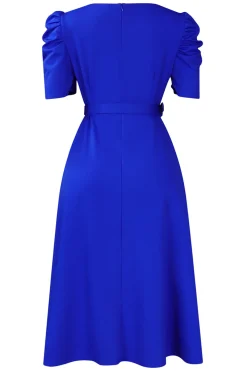 Royal Blue A Line V Neck mangas curtas vestido de cocktail com cinto