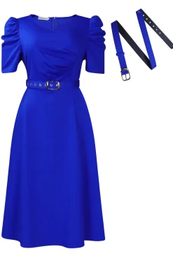 Royal Blue A Line V Neck mangas curtas vestido de cocktail com cinto