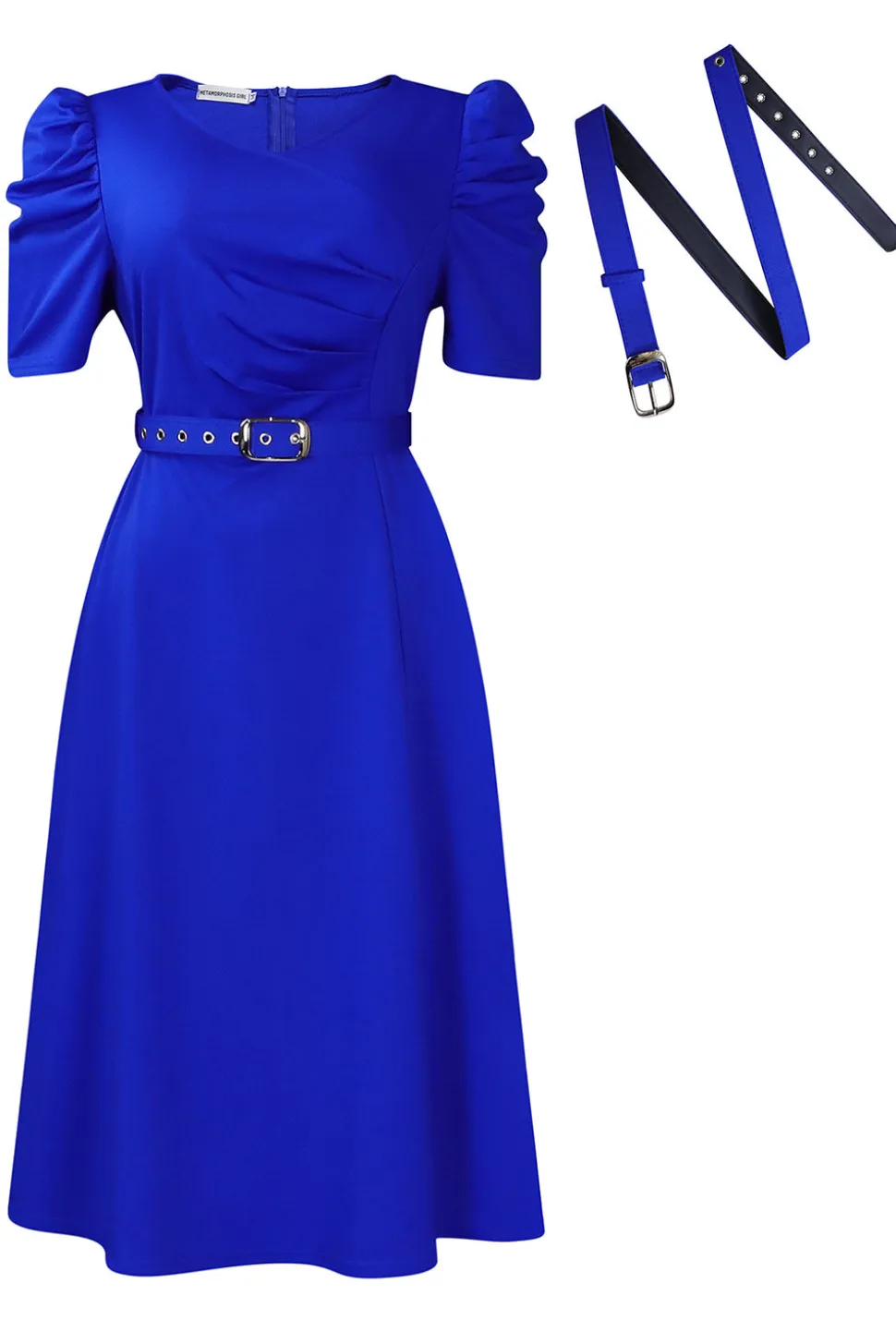 Royal Blue A Line V Neck mangas curtas vestido de cocktail com cinto