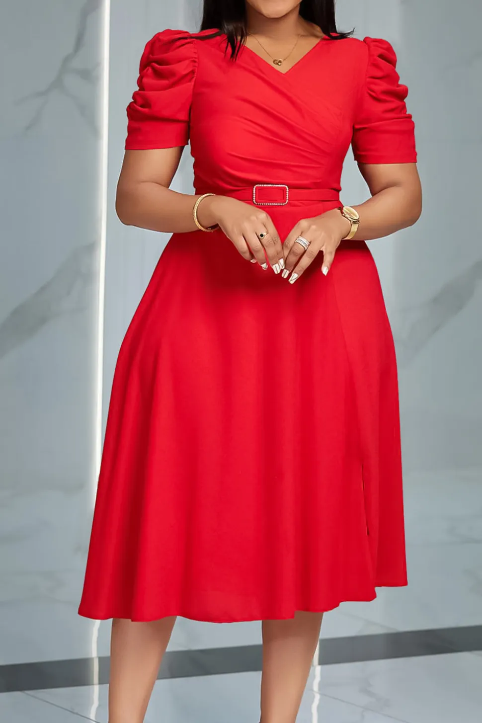Royal Blue A Line V Neck mangas curtas vestido de cocktail com cinto