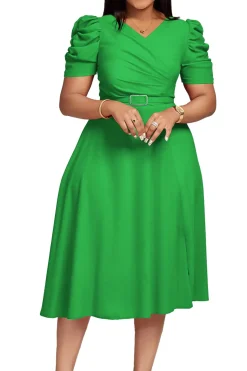 Royal Blue A Line V Neck mangas curtas vestido de cocktail com cinto