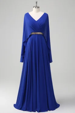 Royal Blue A Line V-neck Chiffon Long Mother Dress com cinto