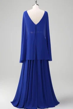 Royal Blue A Line V-neck Chiffon Long Mother Dress com cinto