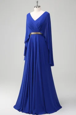 Royal Blue A Line V-neck Chiffon Long Mother Dress com cinto