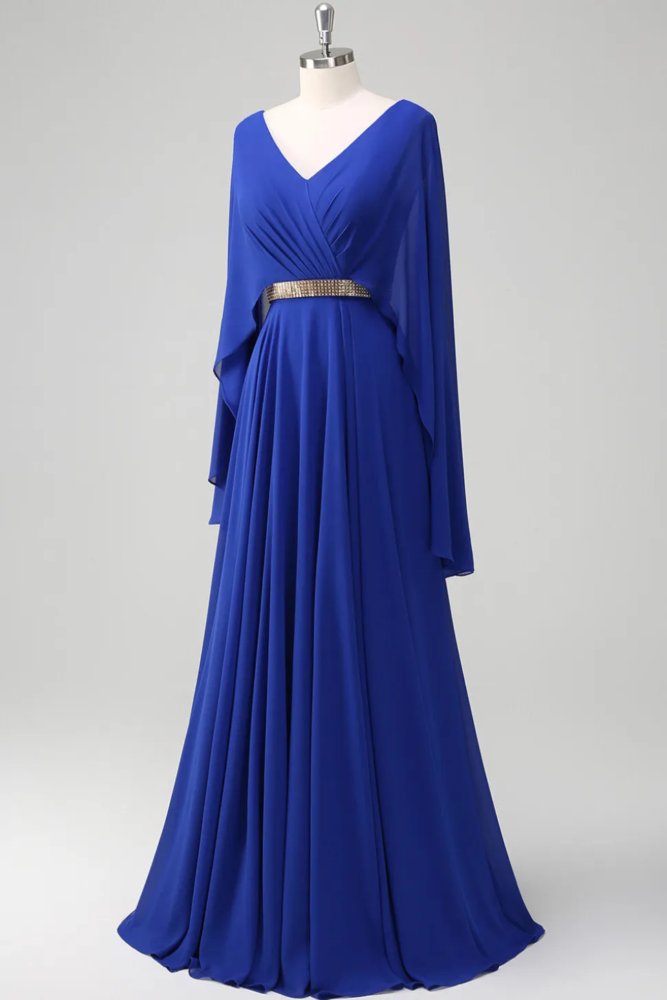 Royal Blue A Line V-neck Chiffon Long Mother Dress com cinto