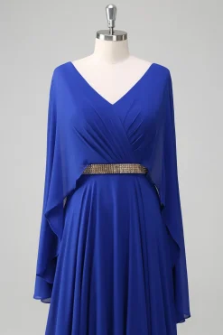 Royal Blue A Line V-neck Chiffon Long Mother Dress com cinto