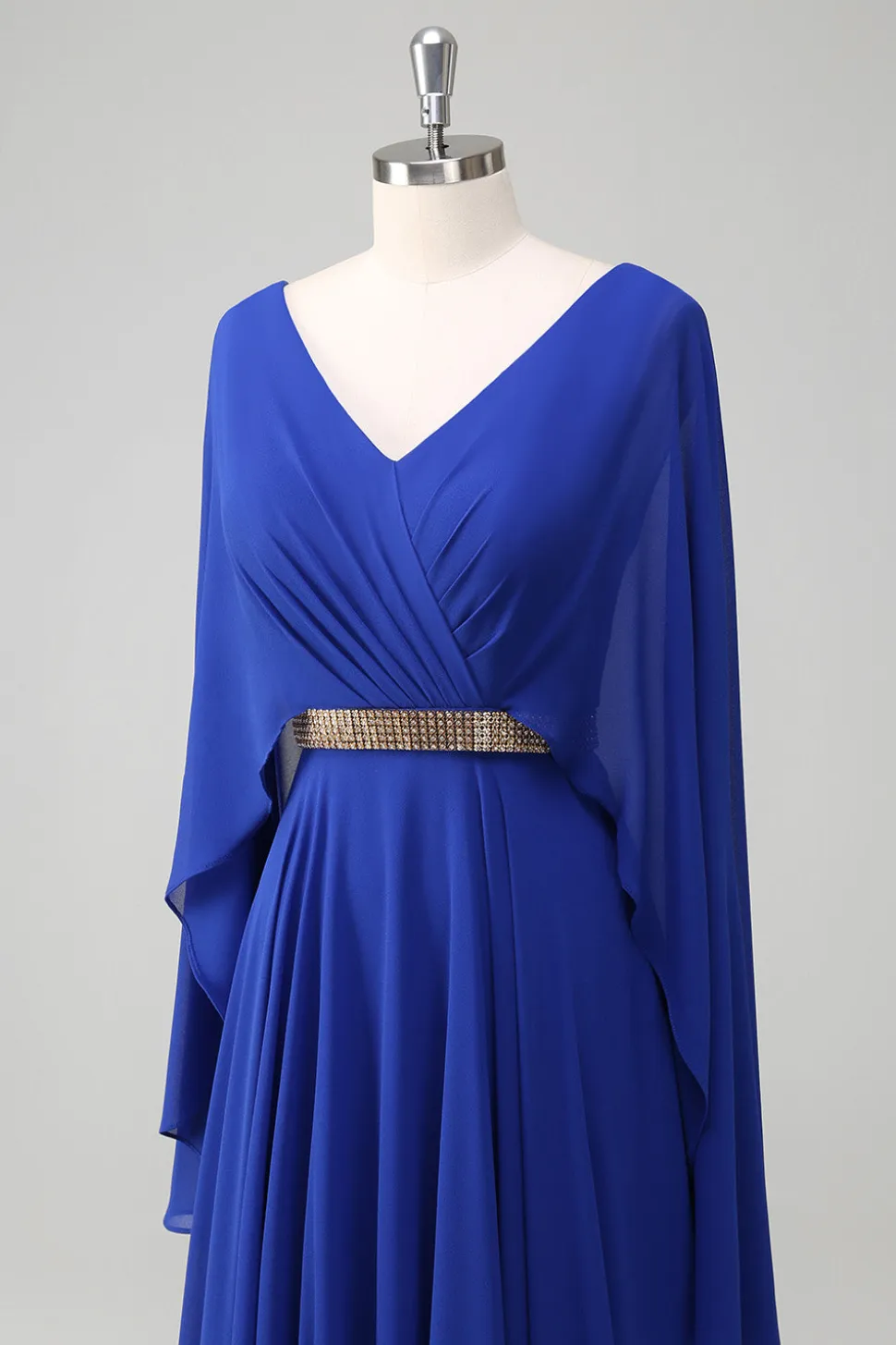 Royal Blue A Line V-neck Chiffon Long Mother Dress com cinto