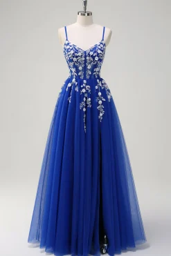 Royal Blue A-Line Espaghetti Correias Applique Sequined Prom Vestido com Fenda