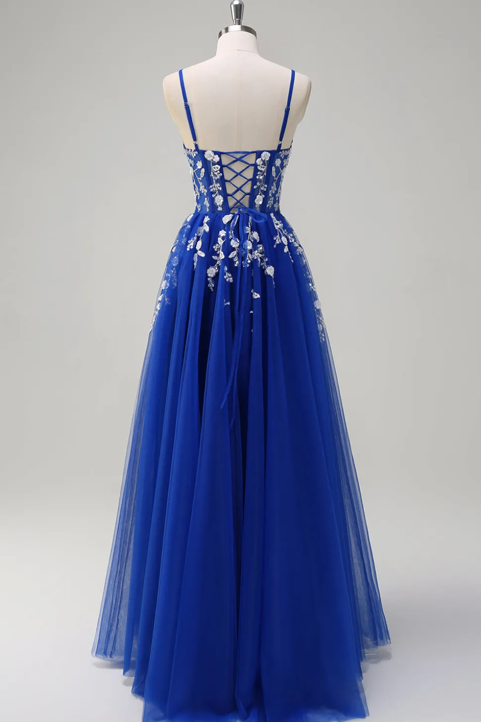 Royal Blue A-Line Espaghetti Correias Applique Sequined Prom Vestido com Fenda