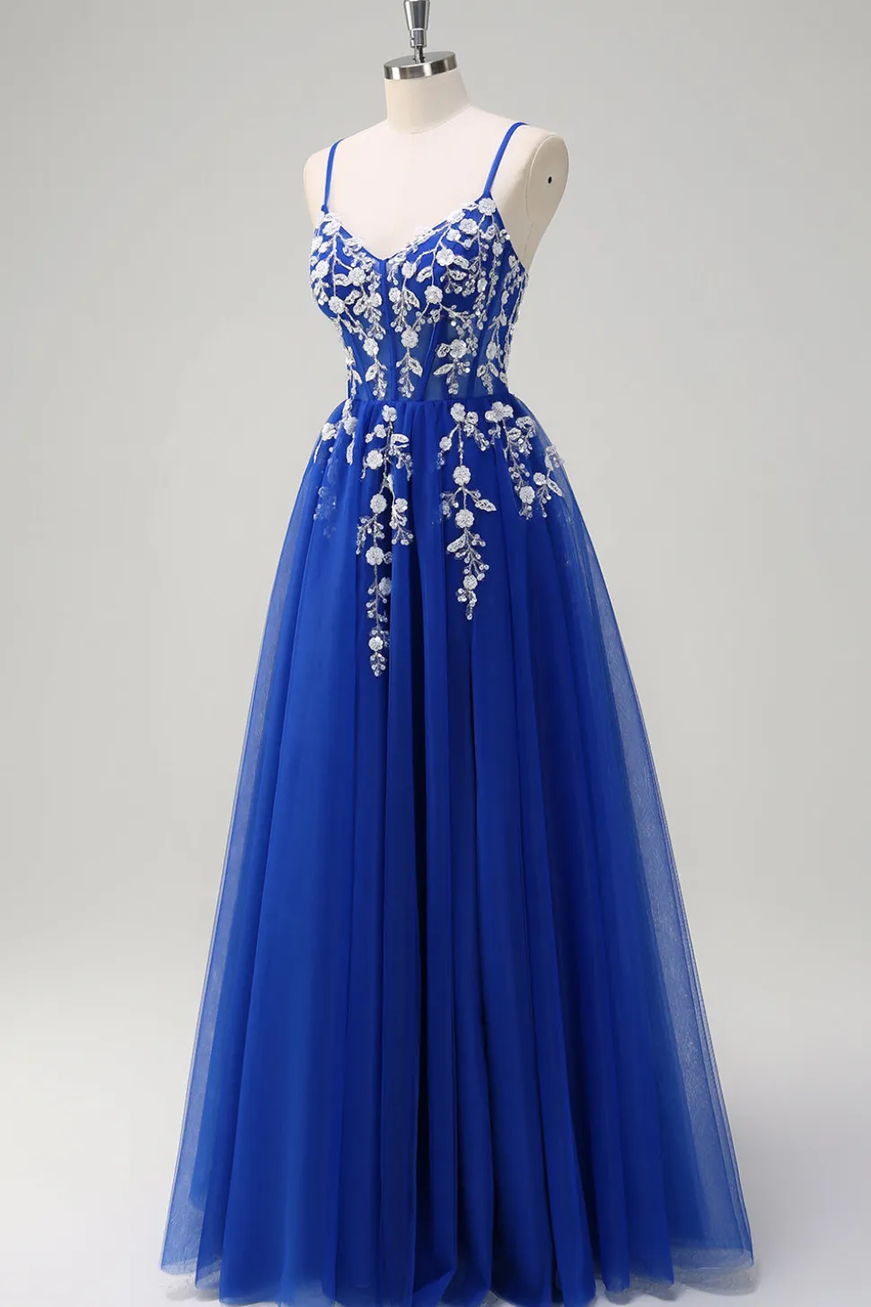 Royal Blue A-Line Espaghetti Correias Applique Sequined Prom Vestido com Fenda
