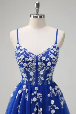 Royal Blue A-Line Espaghetti Correias Applique Sequined Prom Vestido com Fenda