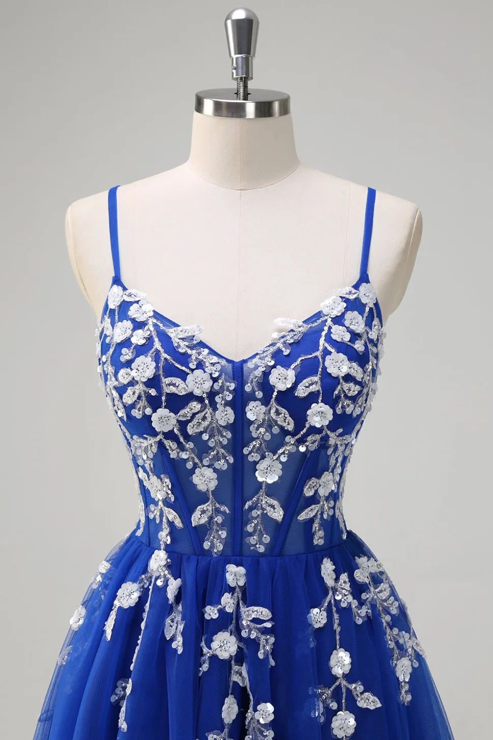 Royal Blue A-Line Espaghetti Correias Applique Sequined Prom Vestido com Fenda