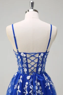 Royal Blue A-Line Espaghetti Correias Applique Sequined Prom Vestido com Fenda