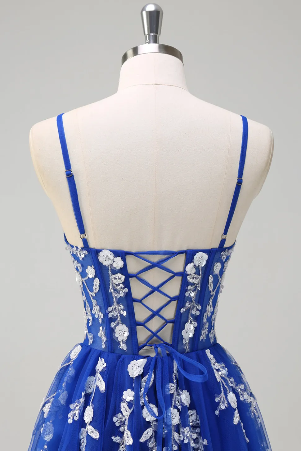 Royal Blue A-Line Espaghetti Correias Applique Sequined Prom Vestido com Fenda