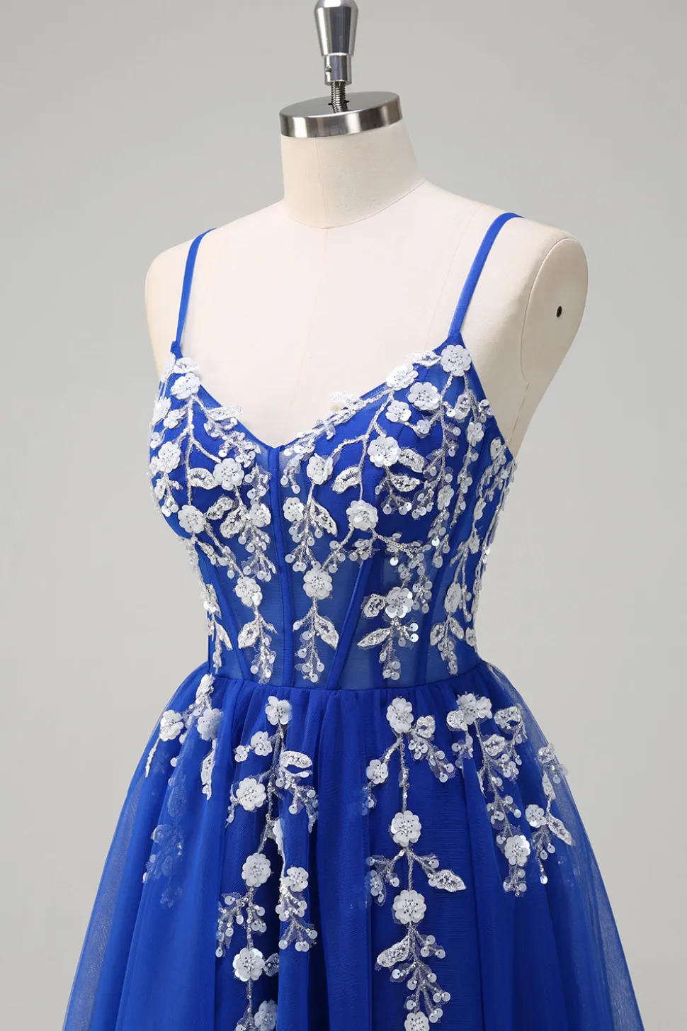 Royal Blue A-Line Espaghetti Correias Applique Sequined Prom Vestido com Fenda